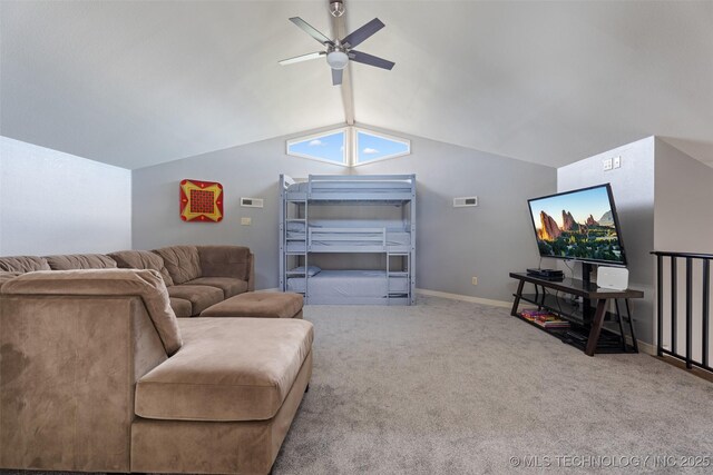 56901 E Walnut, Monkey Island, OK 74331 - living area featuring a ceiling fan, carpet, and vaulted ceiling