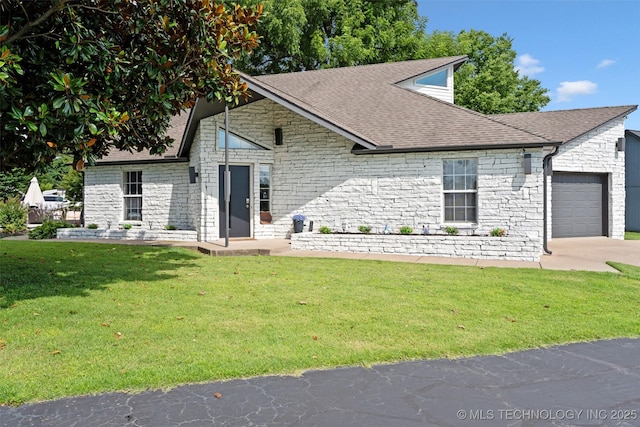 56901 E Walnut, Monkey Island, OK 74331 - view of front of house with stone siding, an attached garage, a front lawn, a shingled roof, and concrete driveway