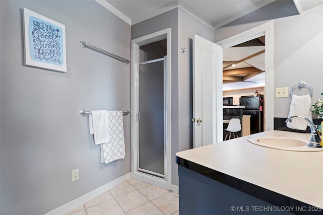 56901 E Walnut, Monkey Island, OK 74331 - full bathroom featuring a stall shower, tile patterned floors, ornamental molding, vanity, and beamed ceiling