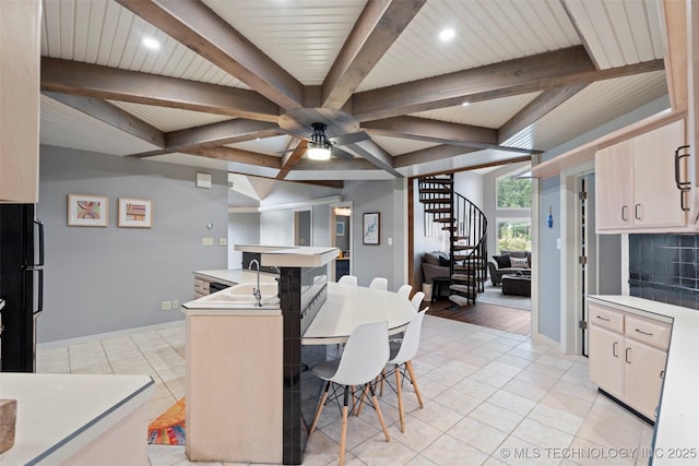56901 E Walnut, Monkey Island, OK 74331 - dining area featuring a ceiling fan, beamed ceiling, stairway, recessed lighting, and light tile patterned floors
