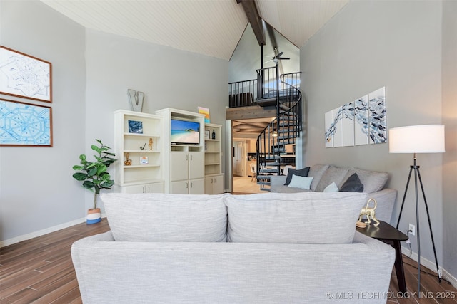 56901 E Walnut, Monkey Island, OK 74331 - living area featuring stairs, high vaulted ceiling, beam ceiling, wood finished floors, and ceiling fan