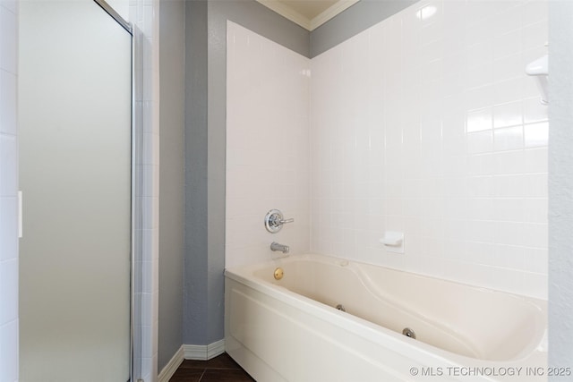 56901 E Walnut, Monkey Island, OK 74331 - bathroom with a shower stall, a whirlpool tub, and ornamental molding