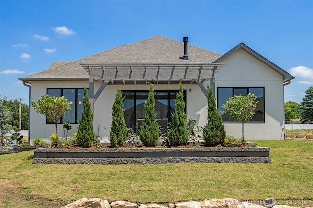 7221 E Norman St, Broken Arrow, OK 74014 - back of house featuring a pergola, a shingled roof, a yard, and stucco siding