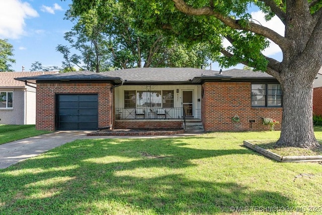 4331 E 28th St, Tulsa, OK 74114 - ranch-style home with driveway, brick siding, a garage, a porch, and a front yard