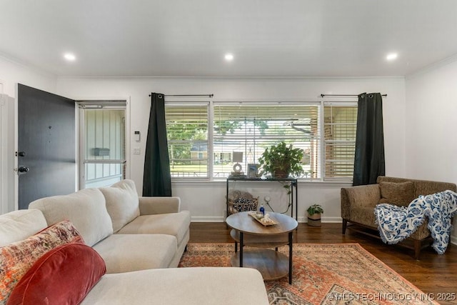 4331 E 28th St, Tulsa, OK 74114 - living area featuring ornamental molding, wood finished floors, and recessed lighting