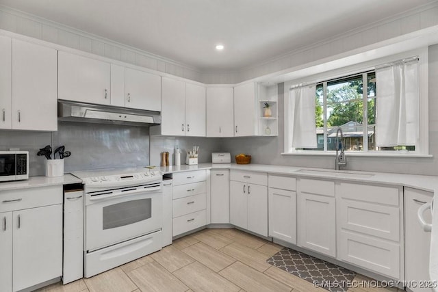 4331 E 28th St, Tulsa, OK 74114 - kitchen featuring ventilation hood, white appliances, light countertops, white cabinets, and crown molding