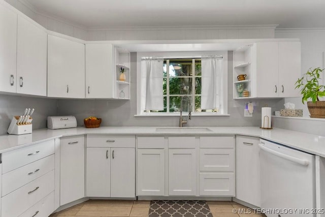 4331 E 28th St, Tulsa, OK 74114 - kitchen featuring white dishwasher, open shelves, white cabinetry, light countertops, and crown molding