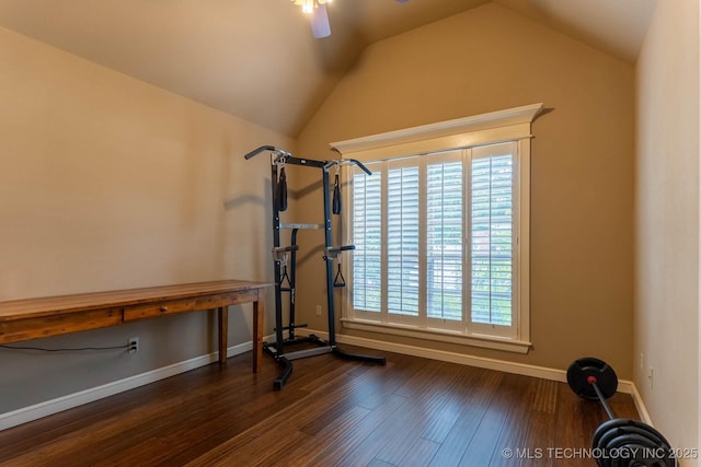 9314 N 96th E Ave, Owasso, OK 74055 - exercise area featuring ceiling fan, dark wood-type flooring, and vaulted ceiling