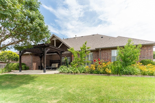 9314 N 96th E Ave, Owasso, OK 74055 - rear view of property with brick siding, a pergola, a patio area, and a yard