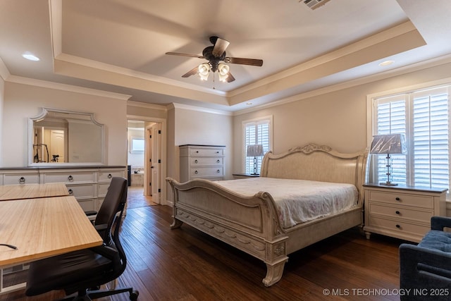 9314 N 96th E Ave, Owasso, OK 74055 - bedroom featuring a tray ceiling, dark wood finished floors, crown molding, a desk, and recessed lighting