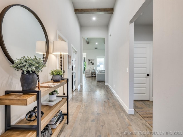 13642 S 21st Pl E, Bixby, OK 74008 - hall featuring light wood-style flooring, beam ceiling, and recessed lighting