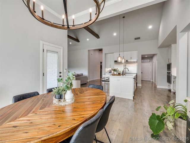 13642 S 21st Pl E, Bixby, OK 74008 - dining room with light wood-type flooring, high vaulted ceiling, a chandelier, and recessed lighting