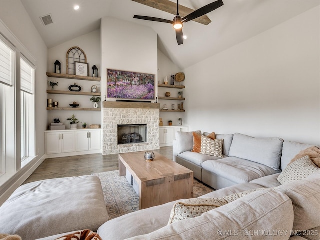13642 S 21st Pl E, Bixby, OK 74008 - living area with a ceiling fan, wood finished floors, a fireplace, and high vaulted ceiling