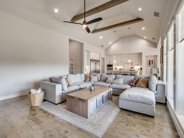 13642 S 21st Pl E, Bixby, OK 74008 - living room with beamed ceiling, light wood-type flooring, high vaulted ceiling, a ceiling fan, and recessed lighting