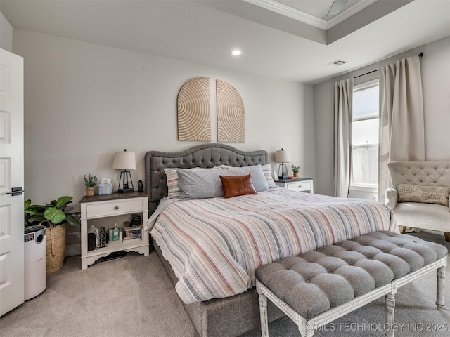 13642 S 21st Pl E, Bixby, OK 74008 - bedroom with light colored carpet, crown molding, and recessed lighting