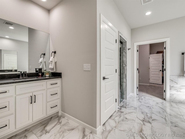 13642 S 21st Pl E, Bixby, OK 74008 - full bath featuring marble finish floors, vanity, recessed lighting, and a stall shower