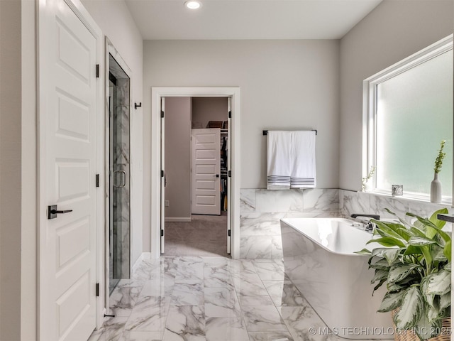 13642 S 21st Pl E, Bixby, OK 74008 - full bath with a bath, a shower stall, a walk in closet, recessed lighting, and marble finish floors