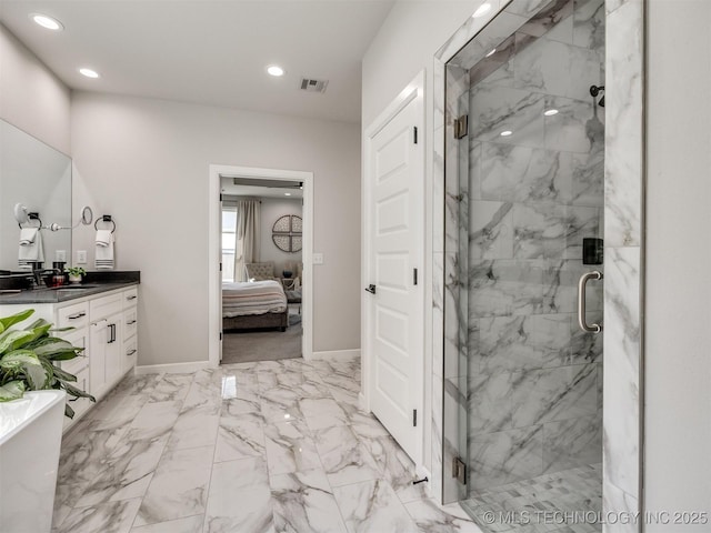 13642 S 21st Pl E, Bixby, OK 74008 - ensuite bathroom with vanity, a marble finish shower, recessed lighting, and marble finish floors