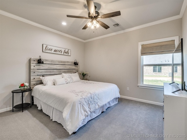 13642 S 21st Pl E, Bixby, OK 74008 - bedroom with carpet flooring, ornamental molding, a ceiling fan, and recessed lighting