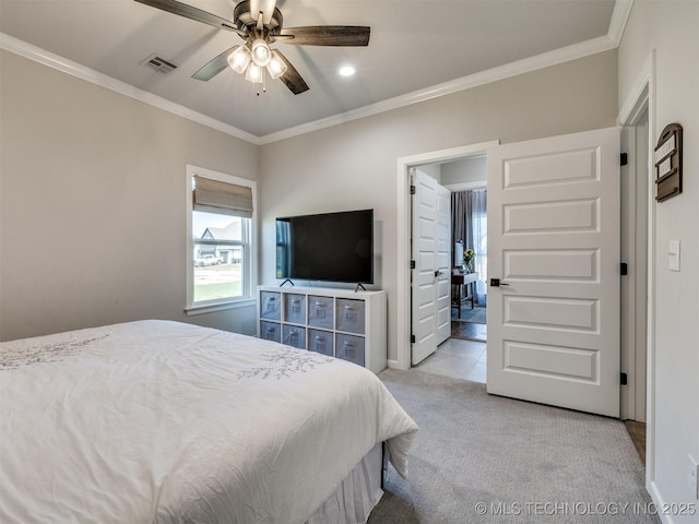 13642 S 21st Pl E, Bixby, OK 74008 - bedroom featuring light colored carpet, ornamental molding, recessed lighting, and ceiling fan