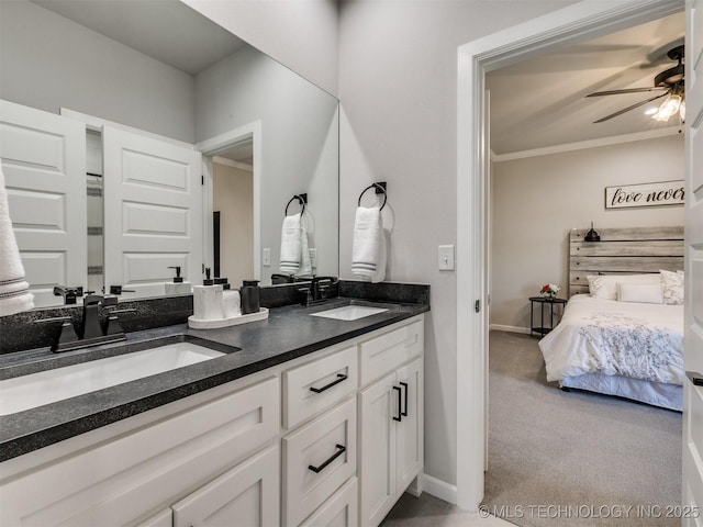 13642 S 21st Pl E, Bixby, OK 74008 - ensuite bathroom featuring a ceiling fan, double vanity, and ornamental molding