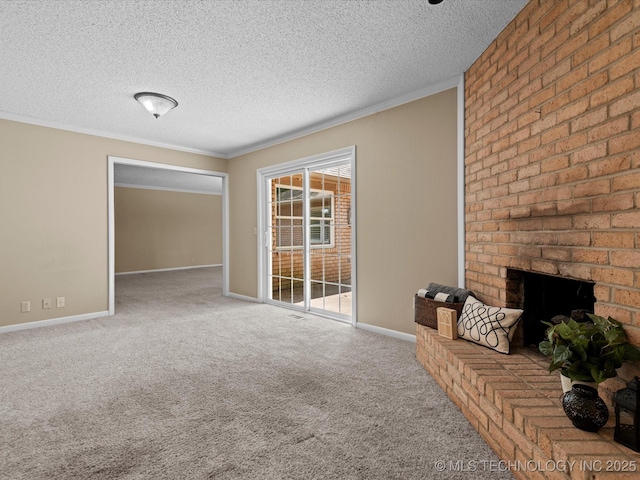 1525 Pecan Pl, Bartlesville, OK 74003 - carpeted living area with a textured ceiling, a brick fireplace, and crown molding