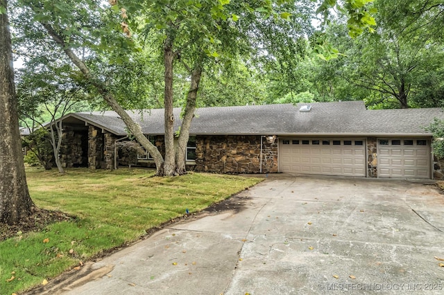 4235 E 104th St, Tulsa, OK 74137 - view of front of property with stone siding, an attached garage, driveway, roof with shingles, and a front lawn