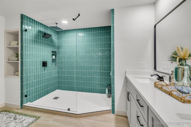 4235 E 104th St, Tulsa, OK 74137 - full bathroom featuring double vanity, tiled shower, and tile patterned floors