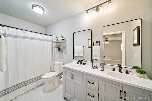 412 W Roger St, Oilton, OK 74052 - bathroom with ceiling fan, double vanity, a shower with curtain, and tile patterned flooring