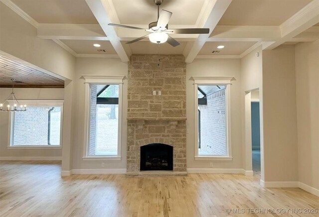2889 Forest View Dr, Claremore, OK 74017 - unfurnished living room featuring coffered ceiling, wood finished floors, beamed ceiling, a fireplace, and a ceiling fan