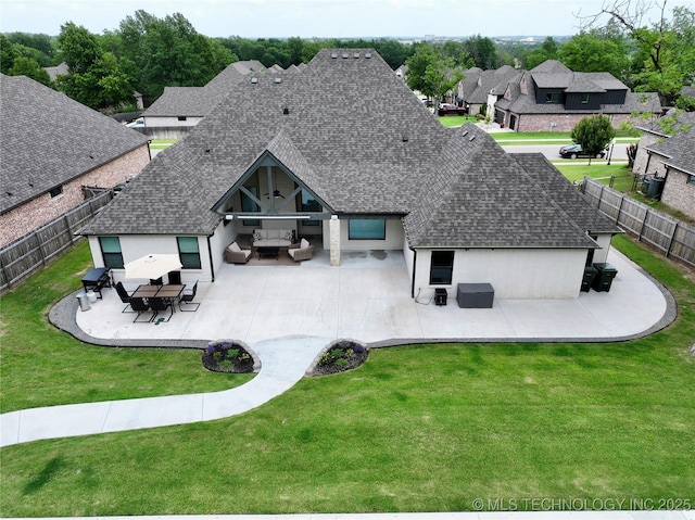 2889 Forest View Dr, Claremore, OK 74017 - back of property with a shingled roof, an outdoor living space, a fenced backyard, a patio area, and stucco siding
