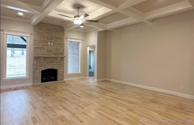 2889 Forest View Dr, Claremore, OK 74017 - unfurnished living room featuring coffered ceiling, light wood-type flooring, ceiling fan, beamed ceiling, and a stone fireplace