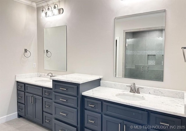 2889 Forest View Dr, Claremore, OK 74017 - bathroom with vanity, crown molding, and a shower stall