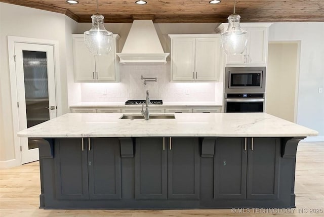 2889 Forest View Dr, Claremore, OK 74017 - kitchen featuring custom exhaust hood, appliances with stainless steel finishes, wood ceiling, recessed lighting, and white cabinets