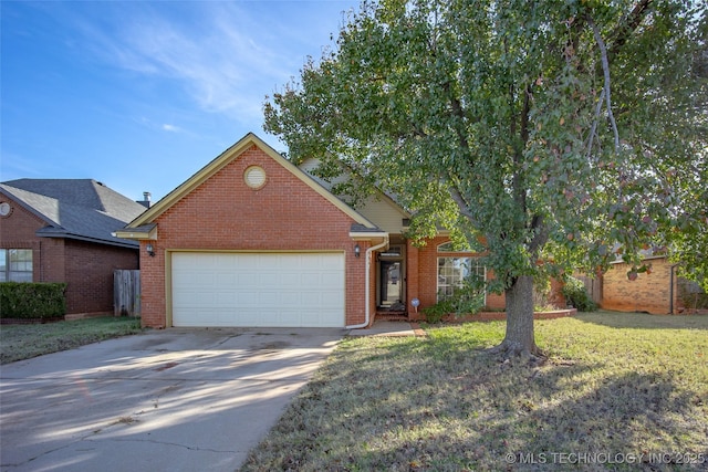16304 Bandera, Oklahoma City, OK 73013 - view of front of home featuring brick siding, a garage, driveway, and a front lawn