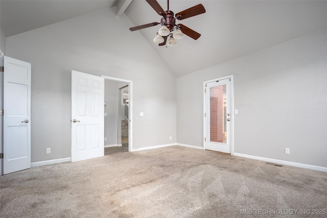 16304 Bandera, Oklahoma City, OK 73013 - unfurnished bedroom featuring high vaulted ceiling, beamed ceiling, carpet flooring, and a ceiling fan