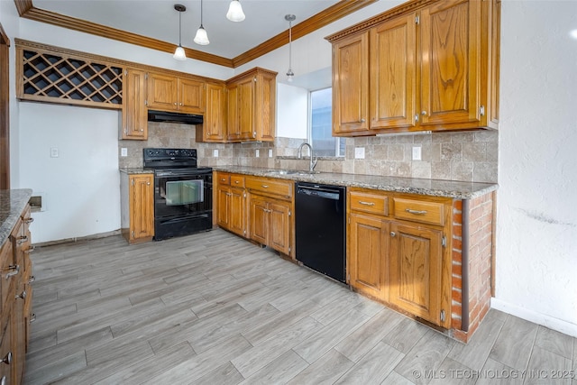 16304 Bandera, Oklahoma City, OK 73013 - kitchen with black appliances, under cabinet range hood, brown cabinetry, ornamental molding, and light stone countertops