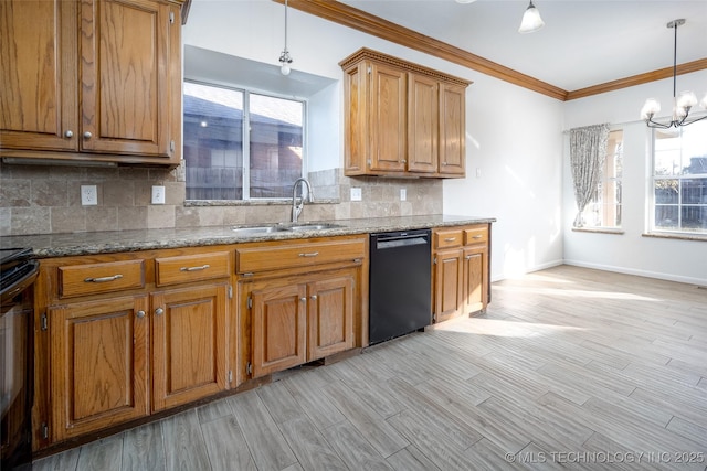 16304 Bandera, Oklahoma City, OK 73013 - kitchen featuring black appliances, brown cabinetry, ornamental molding, decorative backsplash, and light stone countertops