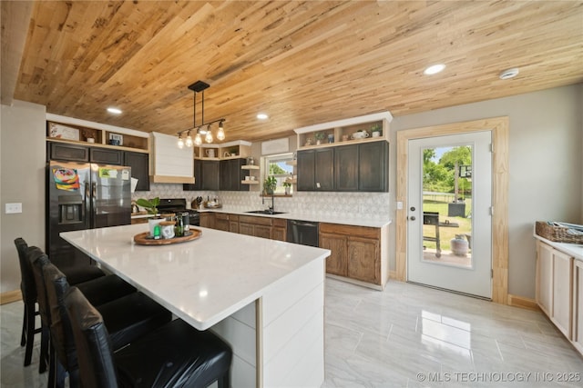 32528 W 261st St S, Bristow, OK 74010 - kitchen featuring open shelves, wooden ceiling, stove, plenty of natural light, and dishwasher