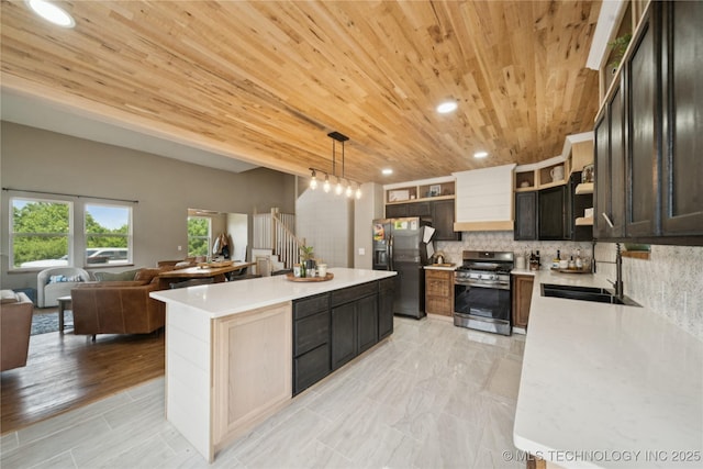 32528 W 261st St S, Bristow, OK 74010 - kitchen featuring stainless steel appliances, open shelves, wood ceiling, light countertops, and a center island