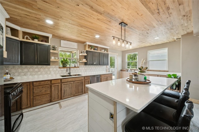 32528 W 261st St S, Bristow, OK 74010 - kitchen featuring black gas range oven, open shelves, wooden ceiling, stainless steel dishwasher, and backsplash