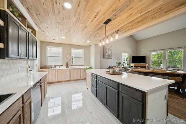 32528 W 261st St S, Bristow, OK 74010 - kitchen with wood ceiling, dishwasher, light countertops, recessed lighting, and a kitchen island