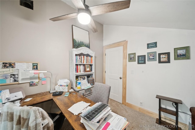 32528 W 261st St S, Bristow, OK 74010 - office area featuring lofted ceiling, carpet flooring, and a ceiling fan