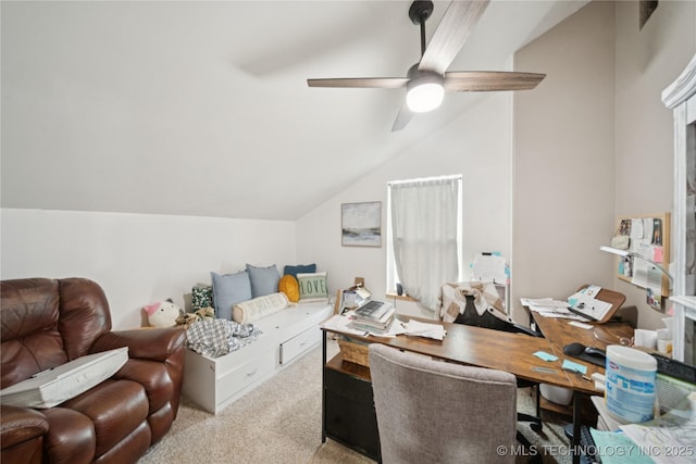 32528 W 261st St S, Bristow, OK 74010 - living room featuring lofted ceiling, an office area, carpet flooring, and a ceiling fan