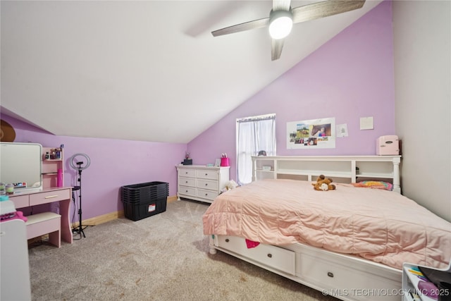 32528 W 261st St S, Bristow, OK 74010 - bedroom featuring vaulted ceiling, carpet floors, and a ceiling fan