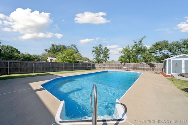 208 N Davis Ave W, Claremore, OK 74017 - view of pool with a fenced backyard, a patio area, and a shed