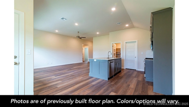 210 S 26th St, Collinsville, OK 74021 - kitchen with stainless steel dishwasher, ceiling fan, dark wood-style floors, open floor plan, and vaulted ceiling