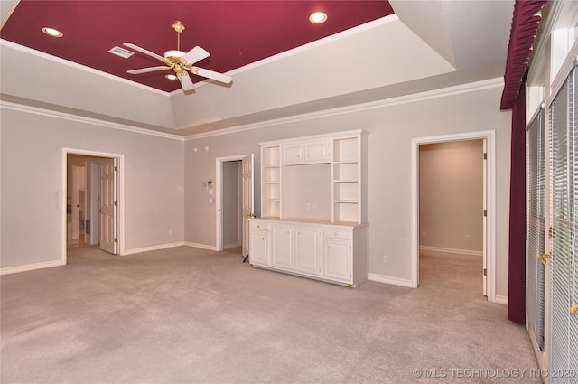 13706 S 18th St, Bixby, OK 74008 - unfurnished living room featuring light carpet, a ceiling fan, ornamental molding, and recessed lighting
