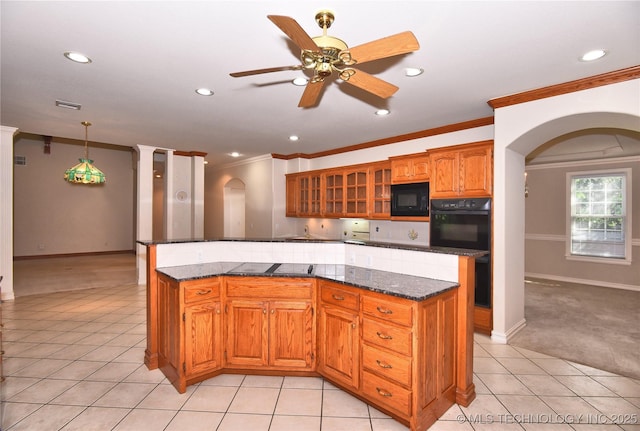 13706 S 18th St, Bixby, OK 74008 - kitchen with arched walkways, black appliances, crown molding, light tile patterned flooring, and glass insert cabinets