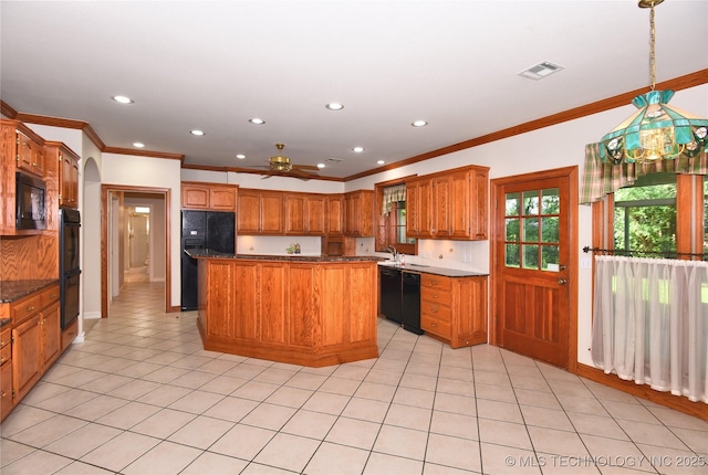 13706 S 18th St, Bixby, OK 74008 - kitchen with black appliances, crown molding, recessed lighting, a ceiling fan, and a kitchen island